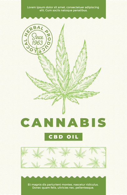 Huile De Chanvre Cbd Abstract Vector Design Label Typographie Moderne Et Feuille De Cannabis Dessinée à La Main Sketch Pattern Silhouette Background Layout