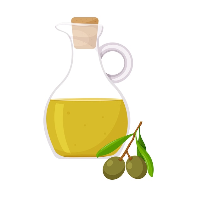 Vecteur l'huile d'olive dans une cruche. branche d'un olivier aux olives vertes. une alimentation saine, un ingrédient.