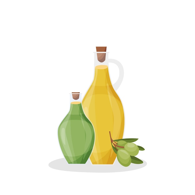 Huile d'olive et de tournesol dans des bouteilles en verre à côté d'un brin d'olives Illustration vectorielle pour le menu