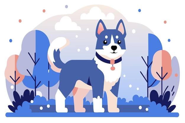 Vecteur un husky de dessin animé avec un collier rouge profite d'une scène de parc d'automne