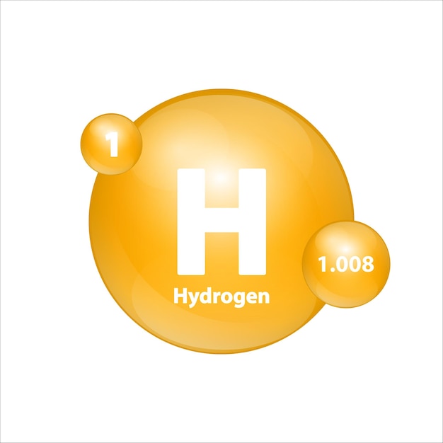 Vecteur l'hydrogène, l'hydrogène (h) icône structure élément chimique forme ronde cercle jaune. numéro atomique.