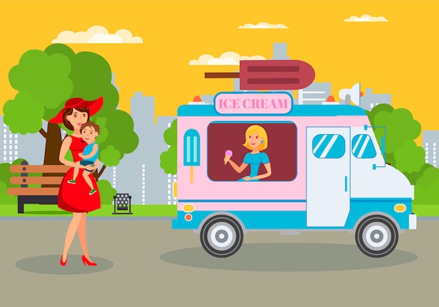 Vecteur ice cream van dans le parc plat vector illustration