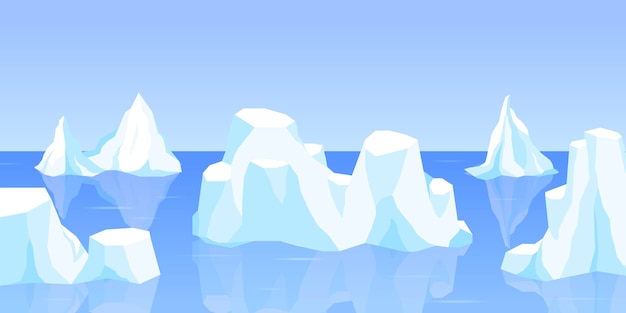 Vecteur iceberg à la dérive ou ensemble d'eau de mer gelée, montagne cristalline glacée avec de la neige. montagne de glace, grand morceau de glace bleue d'eau douce en eau libre. paysage d'hiver pour illustrat de dessin animé de conception de jeu