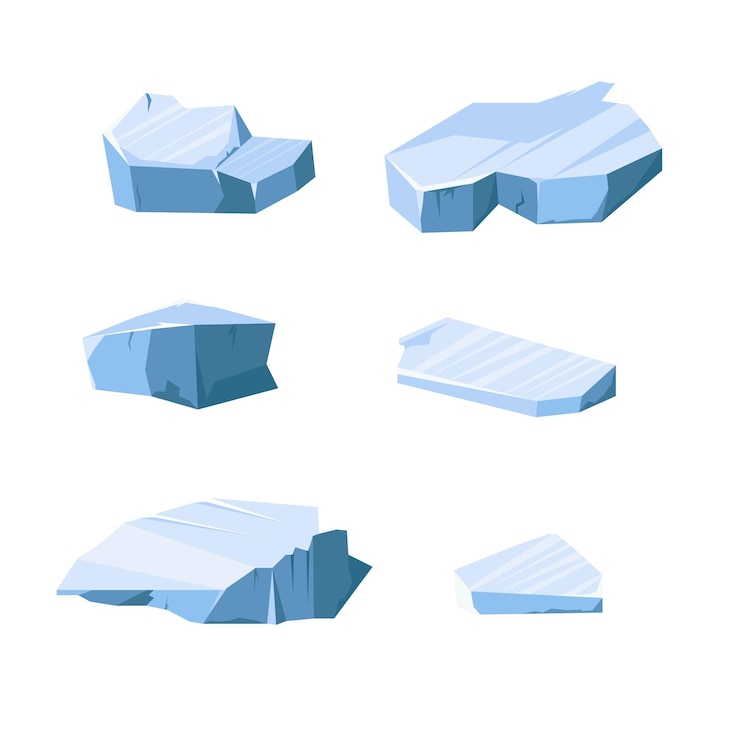 Vecteur iceberg glaciers flottants cubes de glace et blocs d'arctique et de l'antarctique éléments du paysage roches cristallines glacées dans l'eau froide objets décoratifs d'hiver illustration isolée de style plat de dessin animé vectoriel