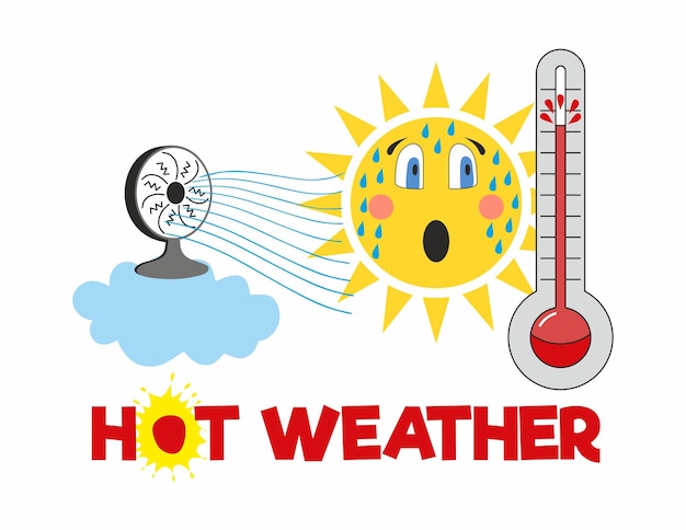 Icon de caractère du soleil de chaleur extrême illustration vectorielle dessinée à la main thermomètre du vent du ventilateur de nuage