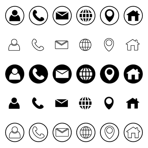 Icon du site Web téléphone utilisateur courrier e-mail site web personne appel emplacement et icône d'accueil