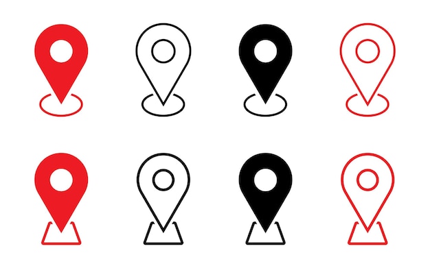 Icon de l'emplacement, le pointeur de la carte, le signe pin, le symbole rouge, le contour noir, la destination, l'icône, le lieu, l'adresse.