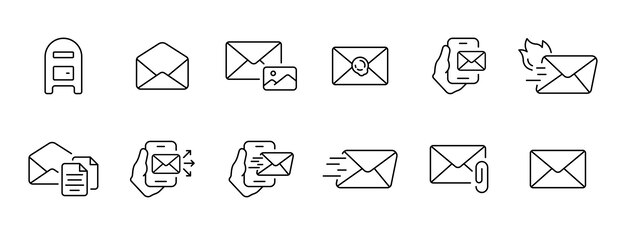 Icon de jeu de courrier Boîte aux lettres lettre photo carte postale timbre courrier électronique envoi urgent et rapide documentation icône de ligne vectorielle sur fond blanc