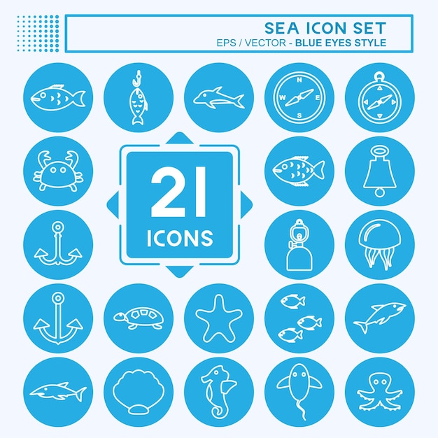 Icon Set Mer adapté au symbole de la mer style yeux bleus conception simple modifiable