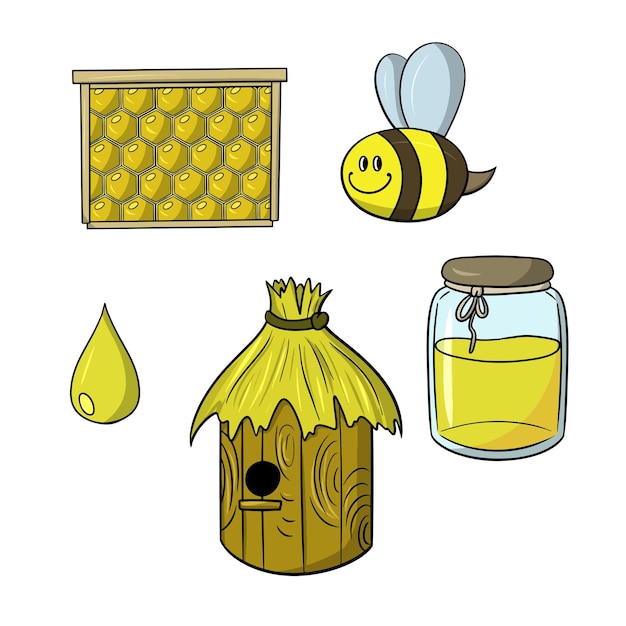 Icon Set Miel Collection Ruche Et Abeille Illustration Vectorielle En Style Cartoon