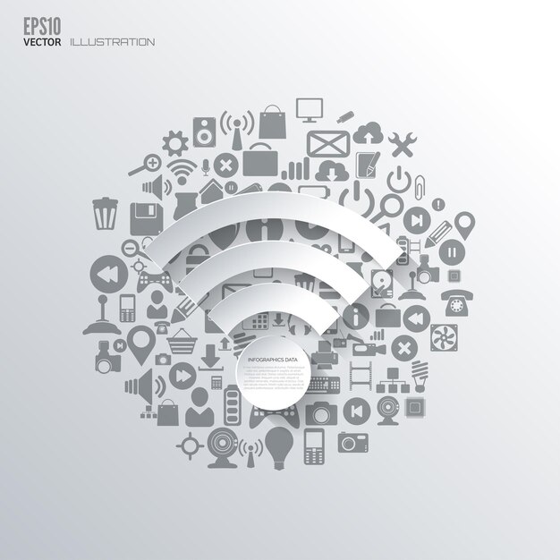 Vecteur icon wifi fond abstrait plat avec des icônes web des symboles d'interface du cloud computing des appareils mobiles