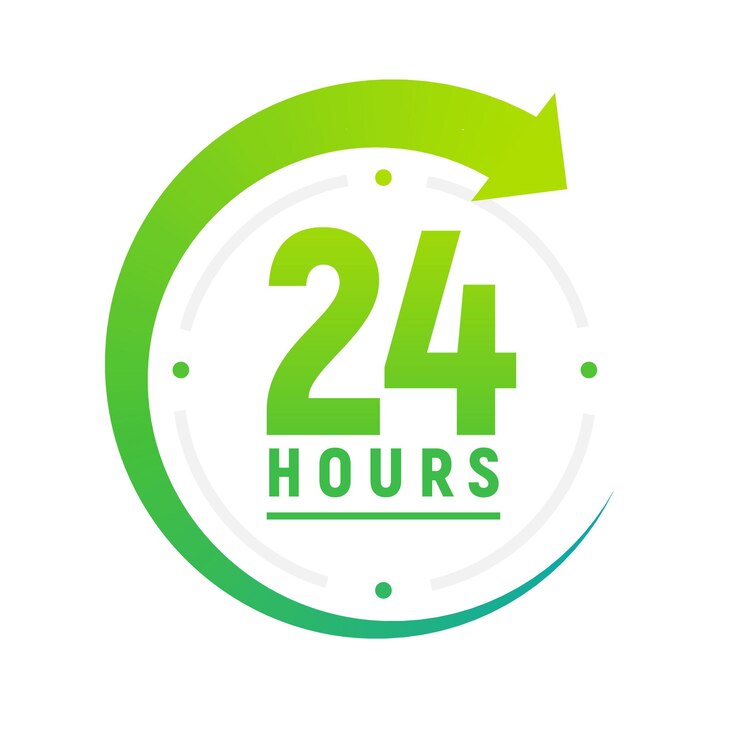 Icône 24 heures sur 24. icône d'horloge verte autour du travail, prise en charge du temps de service