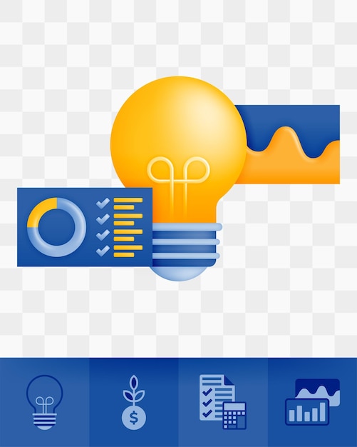 Icône 3d Style De Rendu Réaliste Des Lumières Ou De L'ampoule Avec Des Diagrammes De Listes De Contrôle Diagrammes De Données Métaphore Logicielle De L'idée De Gestion Et De Traitement Des Données Et Des Graphiques Peut être Utilisé Pour Les Sites Web, Les Applications, Les Annonces