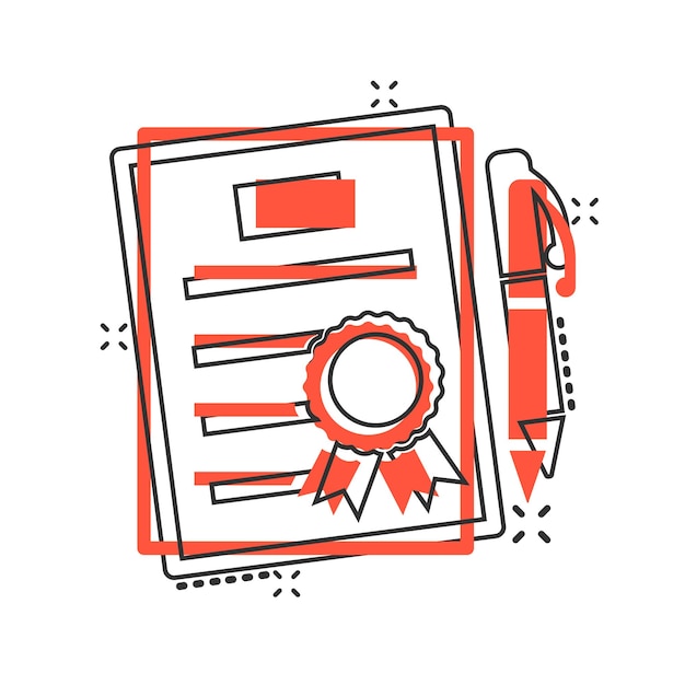 Vecteur icône d'accord de contrat dans le style comique feuille de document avec stylo vecteur dessin animé illustration pictogramme effet splash