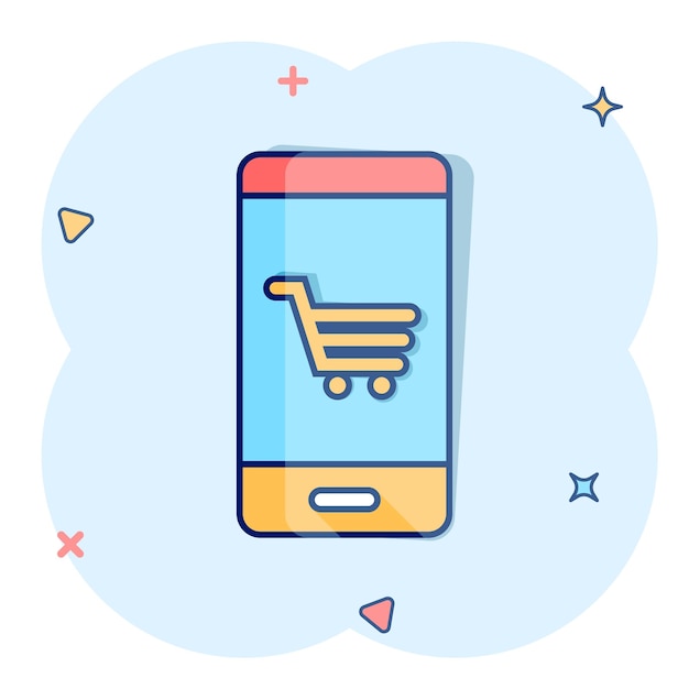 Icône D'achat En Ligne Dans Le Style Comique Illustration De Vecteur De Dessin Animé De Magasin De Smartphone Sur Fond Blanc Isolé Concept D'entreprise Effet Splash De Marché