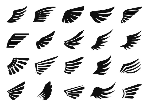 Vecteur icône d'aile, logo d'ailes d'oiseau, emblème d'aigle volant. insigne de plumes d'oiseaux minimes noirs, faucon héraldique ou silhouette d'aile de phénix ensemble vectoriel d'icônes. éléments angéliques de différentes formes