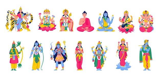 L'icône Des Anciens Dieux Hindous Indiens Définit Diverses Divinités En Costumes Coûteux Assis Dans La Position Du Lotus Et Debout Sur Leurs Pieds Illustration Vectorielle