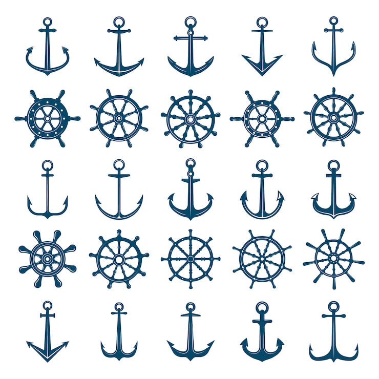Vecteur icône d'ancres de navire de roues. volants d'ancrage des symboles de la marine et de la marine. silhouettes pour logo ou tatouage