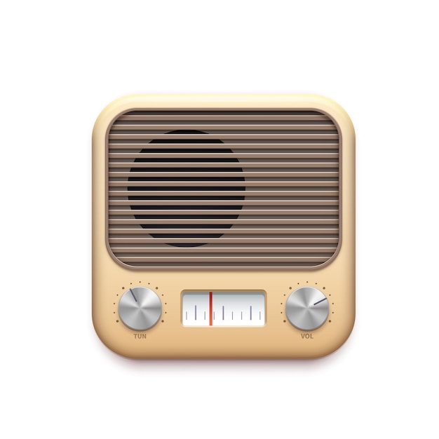 Icône d'application de musique radio FM rétro avec d'anciens boutons de station de radio, vecteur. Icône d'application de tuner radio FM vintage avec cadrans de récepteur et haut-parleur, chaîne de podcast et application de lecteur audio en streaming