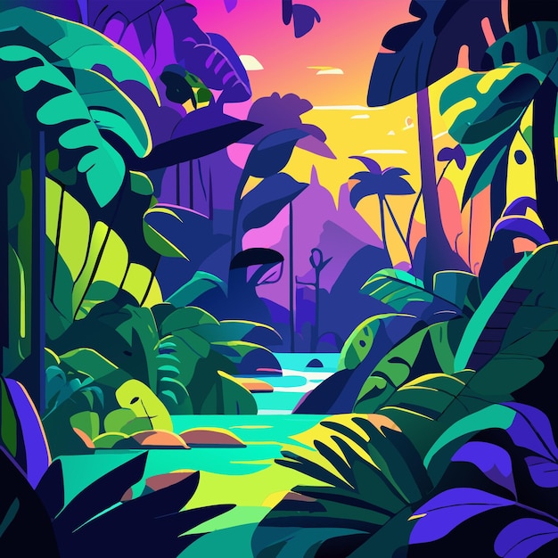 Vecteur icône d'autocollant de dessin animé de style plat dessinée à la main dans la forêt tropicale de la jungle