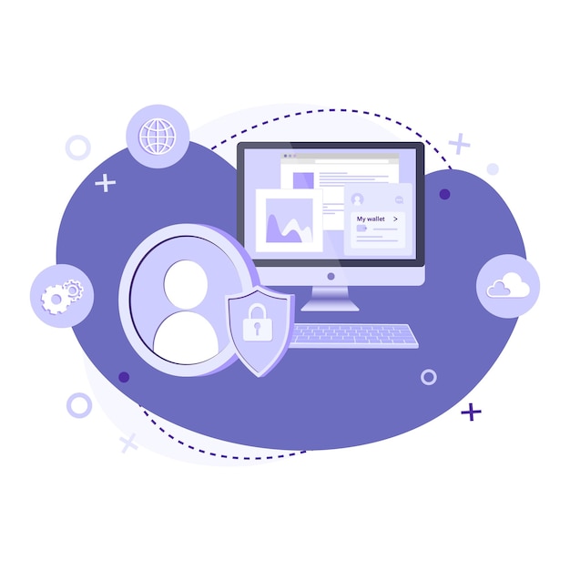 Vecteur icône d'avatar utilisateur, ordinateur et bouclier avec serrure, illustration vectorielle du concept sécurisé de compte