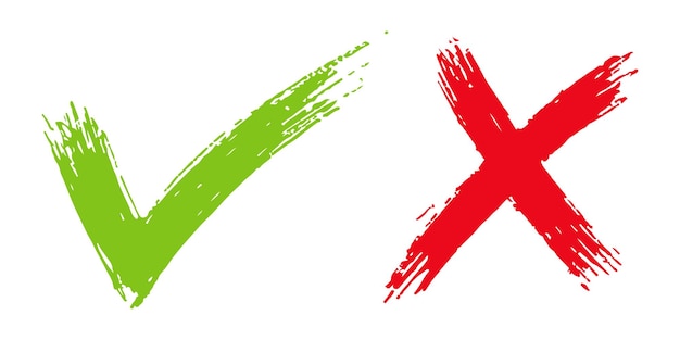 Vecteur icône bien et mal dessinée à la main de la coche verte et de la croix rouge isolée sur fond blanc