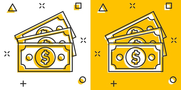 Icône de billet de banque de monnaie dollar dans le style comique Pictogramme d'illustration de dessin animé de vecteur de trésorerie de dollar Effet de splash de concept d'entreprise de billet de banque