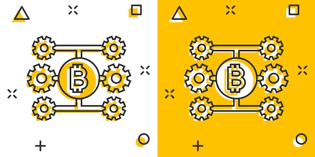 Icône Bitcoin dans le style comique Illustration vectorielle de dessin animé Blockchain sur fond blanc isolé Concept d'entreprise effet splash Cryptocurrency