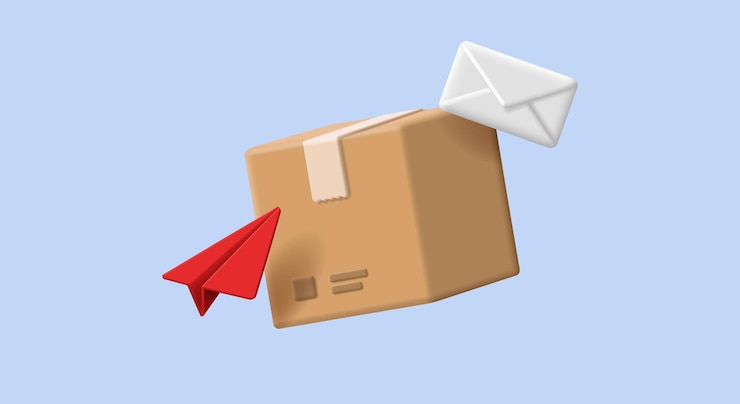 Vecteur icône de boîte en carton de vecteur 3d avec avion en papier rouge et bannière promotionnelle de bureau de poste d'enveloppe de lettre