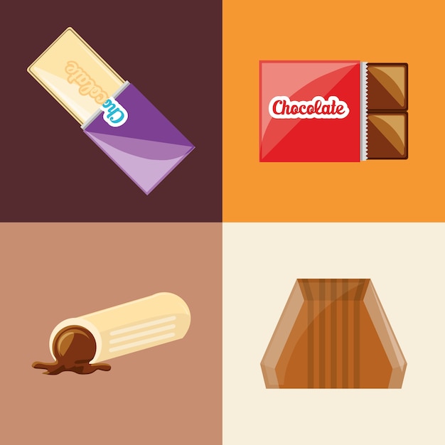 Icône de bonbons au chocolat sur des carrés colorés