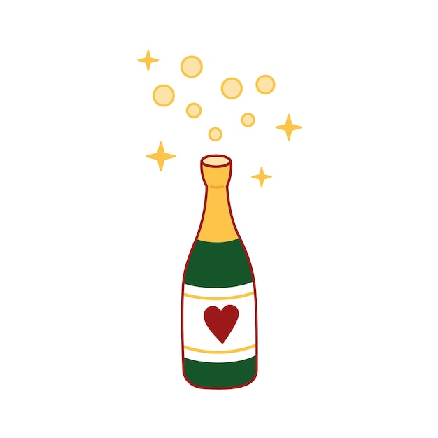 Vecteur icône de bouteille de champagne bouteille de vin avec des bulles saint valentin illustration vectorielle dessinée à la main dans un style doodle