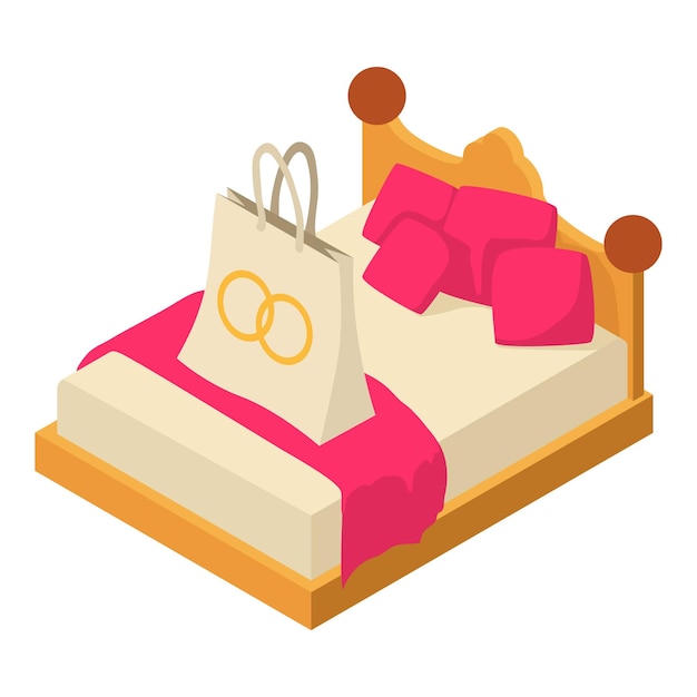 Vecteur icône de cadeau de mariage vecteur isométrique sac-cadeau avec deux anneaux en or image sur le lit nouveau-né présent concept de mariage