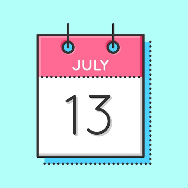 Icône de calendrier vectoriel Illustration vectorielle à ligne plate et fine Feuille de calendrier sur fond bleu clair 13 juillet