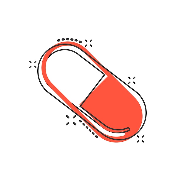 Icône de capsule de pilule dans le style comique Illustration de vecteur de dessin animé de médicaments sur fond blanc isolé Concept d'entreprise d'effet d'éclaboussure de pharmacie