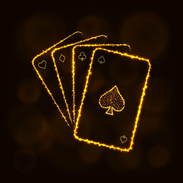 Icône de cartes de jeu Quatre symboles de casino de cartes à jouer s'allume silhouette design sur fond sombre Illustration vectorielle Lignes et points lumineux Couleur or