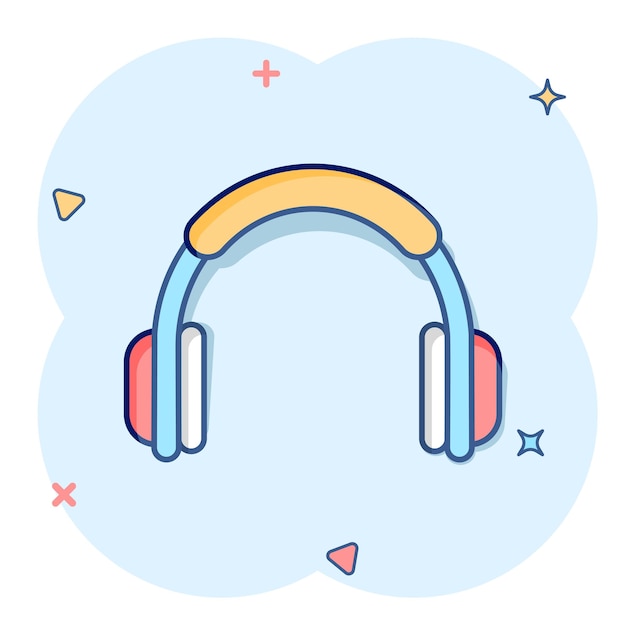 Icône de casque de dessin animé de vecteur dans le style comique Casque d'écoute signe illustration pictogramme Concept d'effet d'éclaboussure d'affaires d'écouteurs