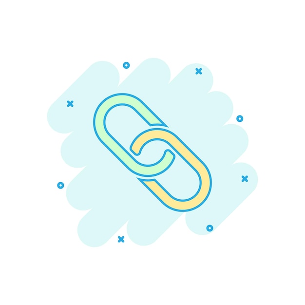 Icône de chaîne colorée de dessin animé dans le style de bande dessinée Pictogramme d'illustration de connexion Concept d'entreprise d'éclaboussure de panneau de chaîne