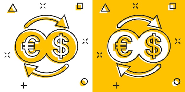 Vecteur icône de change de devise dans le style comique illustration de vecteur de dessin animé de transfert d'euro de dollar sur fond isolé blanc concept d'entreprise d'effet d'éclaboussure de processus financier