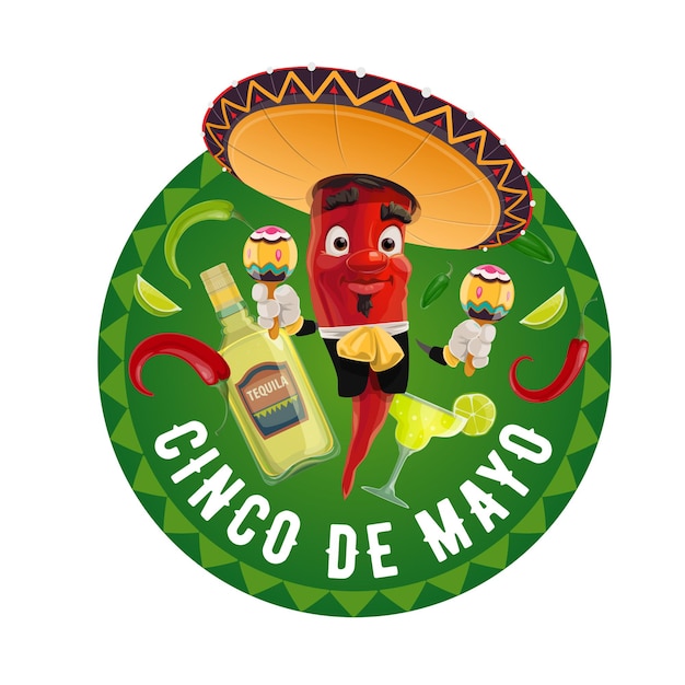 Icône De Cinco De Mayo, Jalapeno Au Sombrero Mexicain Jouant Des Maracas