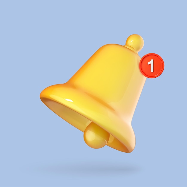 icône de cloche de notification 3d isolée sur fond bleu cloche de sonnerie jaune 3d avec nouvelle notification pour le rappel des médias sociaux illustration vectorielle de dessin animé 3d