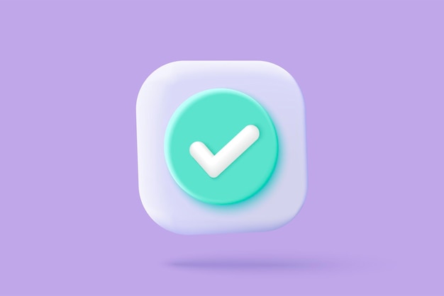 icône de coche 3d isolée sur fond violet bouton de liste de contrôle meilleur choix pour le bon succès cocher accepter d'accord sur l'application choisir vecteur d'icône avec illustration de rendu 3D de l'ombre