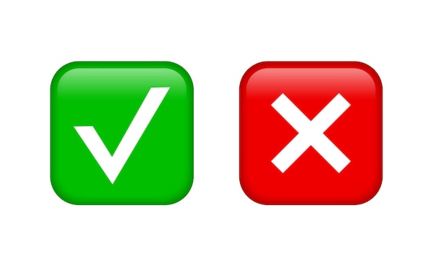 Vecteur icône de coche bouton vert oui et rouge non coche ou icônes approuvées et rejetées dans le carré
