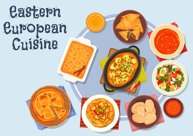 Icône De La Cuisine D'europe De L'est Avec Boulette De Pommes De Terre Avec Sauce à La Viande, Salade Aux œufs De Légumes, Pomme De Terre Bouillie, Omelette Au Poivron, Tarte à La Viande Frite, Soupe Aux Tomates, Tarte Aux Légumes, Tarte Aux Pommes Et à La Cannelle