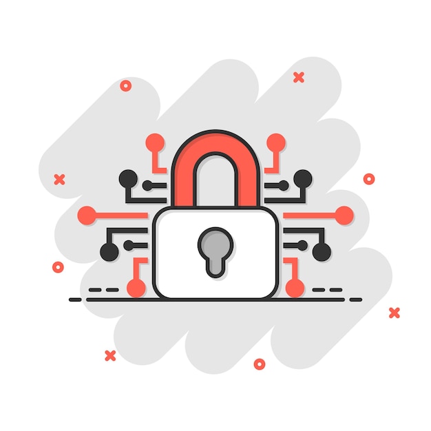 Icône de cybersécurité dans le style de bande dessinée Verrouillage verrouillé illustration de dessin animé vectoriel sur fond blanc isolé Password fermé effet d'éclaboussure de concept d'entreprise
