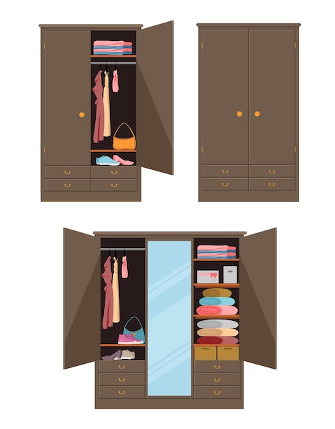 Icône de dessin animé de placard en bois Placards ouverts placard penderie Placard avec portes ouvrantes vêtements