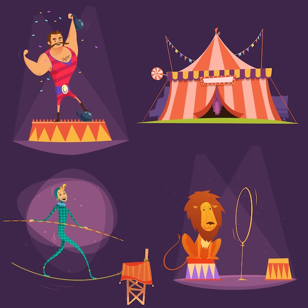 Icône De Dessin Animé Rétro Cirque Sertie D'illustration Vectorielle De Lion Tente Acteur Gymnaste