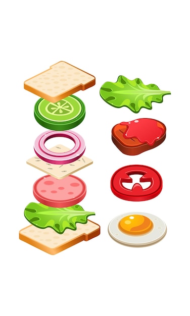 Icône de dessin animé de sandwich savoureux avec des ingrédients volants Nourriture appétissante pour le déjeuner Délicieuse collation Thème culinaire Élément graphique coloré pour le menu du café Vecteur plat isolé sur fond blanc