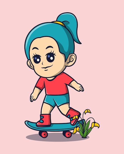 Vecteur icône de dessin animé de vecteur illustration d'une femme aux cheveux bleus faisant du skateboard joyeusement