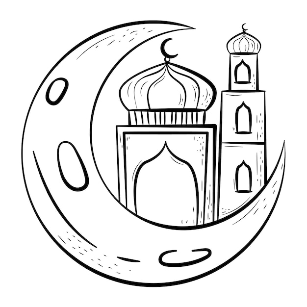 Vecteur icône dessinée à la main du croissant et de la mosquée