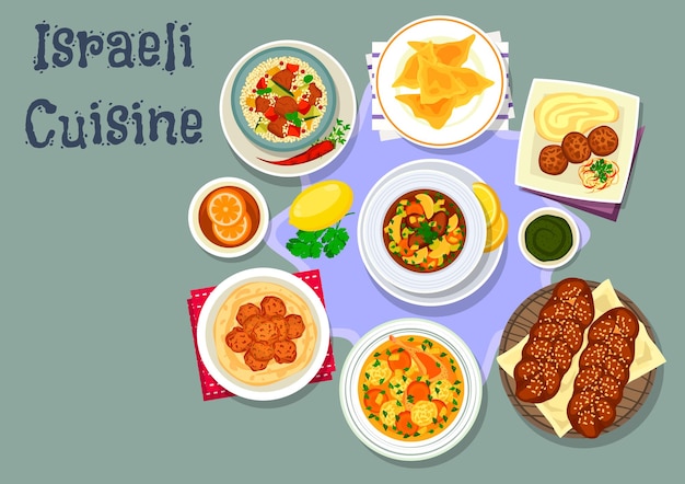 Icône de dîner savoureux de cuisine israélienne avec boulette de poulet, boulette de viande de poulet, pain sucré juif, soupe de poulet avec boulette, falafel de pois chiches, soupe de légumes au bœuf, couscous aux légumes d'agneau